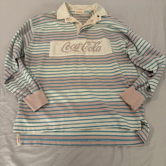 Vintage Coca-Cola 80s Shirt Polo Rugby Rare Pink Teal Stripes Coke Medium - Picture 8 of 10
